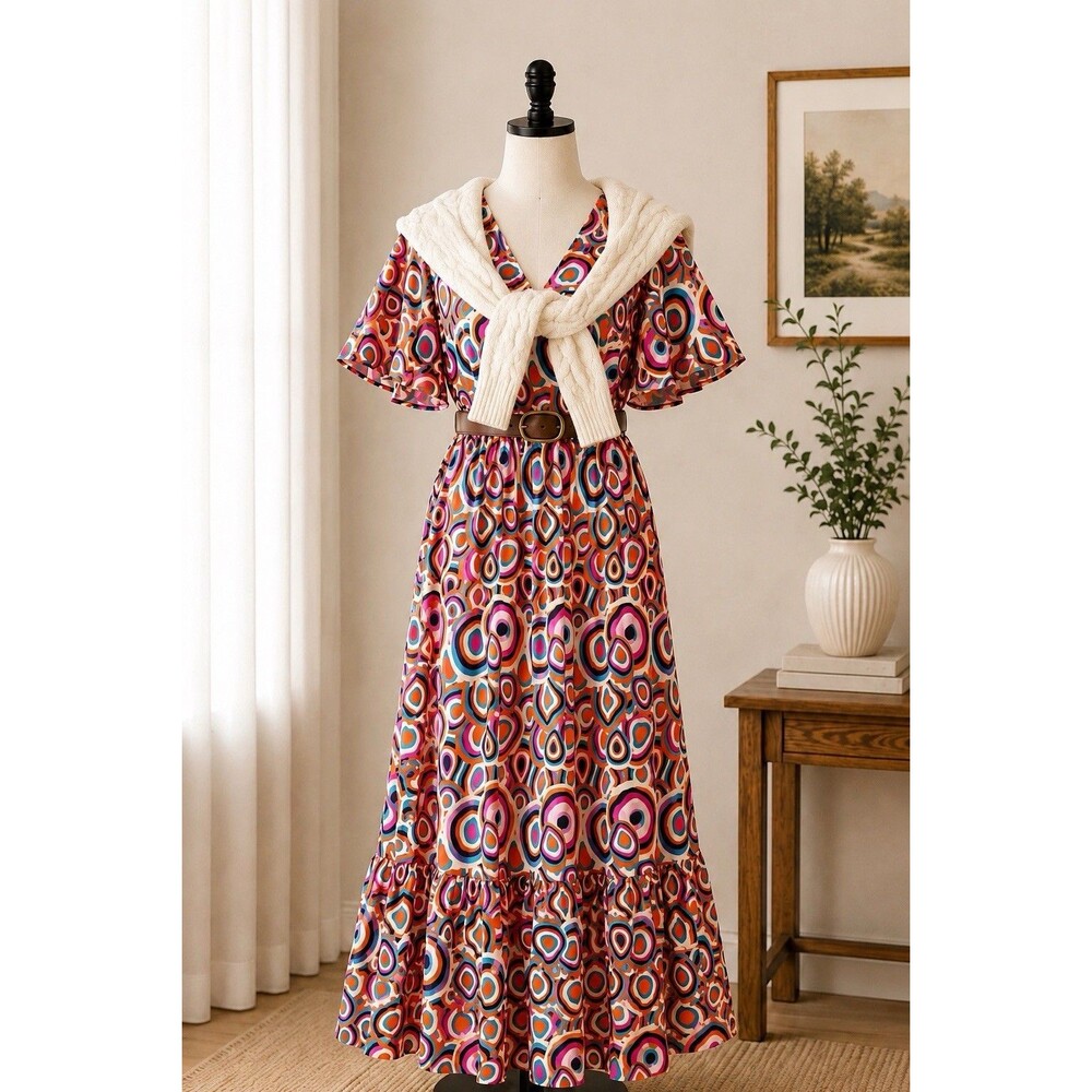 NWOT Boho Midi Dress Women’s Large Abstract Print V-Neck Flutter Sleeve